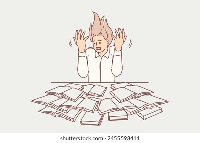 Woman student is screaming because heavy educational load, sitting near table with many textbooks. Girl student in need suffers from nervous breakdown due to stress preparing for exams at university.