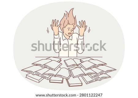Woman student is screaming because heavy educational load, sitting near table with many textbooks. Girl student in need suffers from nervous breakdown due to stress preparing for exams at university.