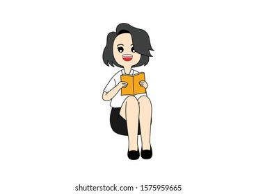 Woman student sitting down and reading a book on white background, Cartoon vector illustration