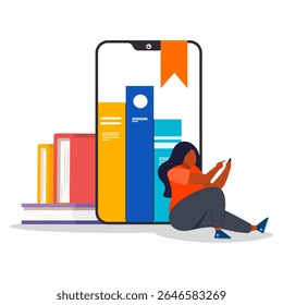 A woman student sitting and using smartphone to reading e-book. Online education concept.