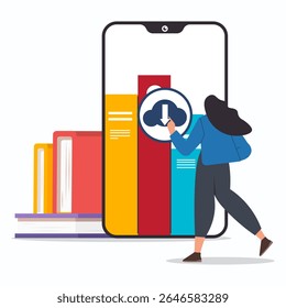 A woman student standing on front of smartphone and clicking download button to downloading e-book. Online education concept.