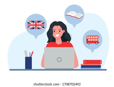 Woman student studies English language. Online education concept. Flat vector illustration. 