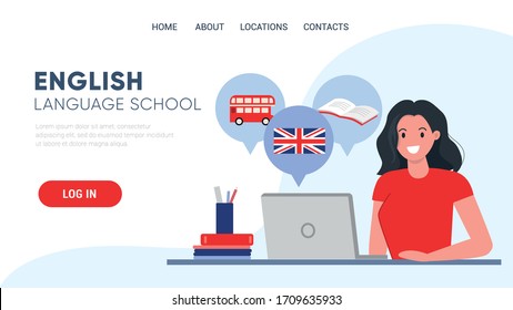 Woman student studies English language. Online education concept. Temaplate foe website and landing page. Flat vector illustration. 