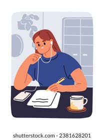 Woman student taking notes, records, listening education audio, studying with mobile phone and earphones. Female writing with pen, sitting at table with smartphone and papers. Flat vector illustration