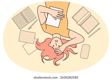 Woman student worry about upcoming exams at university or college lying on floor among textbooks. Girl student or office worker clutching head after experiencing burnout associated with overload
