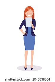 A woman studies a document. The concept of business analysis, audit, professional verification of documentation. Vector illustration in a flat style.