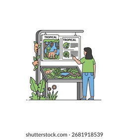 Uma mulher estuda uma exibição informativa sobre a vida selvagem tropical em uma exposição ao ar livre, apontando para um detalhe específico no quadro.