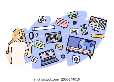 Woman studies news in media and social networks, or televisions and mobile phones. Happy girl receives information and news from different sources, to understand truth or avoid misinformation