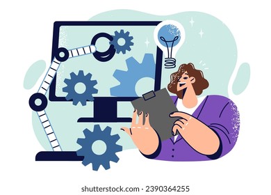 Woman studies production automation standing near monitor with gears and industrial arm manipulator. Engineer came up with idea for computer automation and using ai to increase productivity