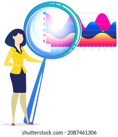 Woman studies statistics on presentation. Female character while working or studying with report. Girl working and analyzing financial statistics. Female marketer examines information about metrics