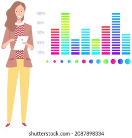Woman studies statistics on presentation. Female character while working or studying with report. Girl working and analyzing financial statistics. Female marketer examines information about metrics