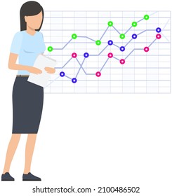 Las mujeres estudian estadísticas sobre la presentación. Carácter femenino mientras trabaja o estudia con reportaje. Niñas trabajando y analizando estadísticas financieras. El marcador femenino examina la información sobre las métricas