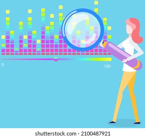 Woman studies statistics on presentation. Female character while working or studying with report. Girl working and analyzing financial statistics. Female marketer examines information about metrics