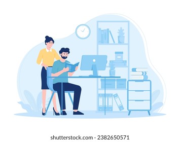 A woman studies using books and a laptop trending concept flat illustration