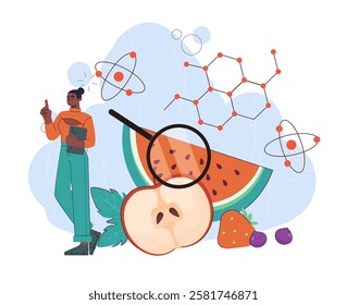 Woman studies vegetables. Young girl near large magnifying glass and slices of watermelon, apple and strawberry. Genetic and scientific researching in laboratory. Flat vector illustration