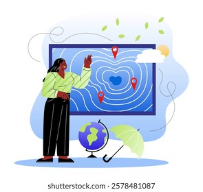 Woman studies weather map with location markers; globe and umbrella beside her; abstract background. Flat graphic style. Meteorology concept. Vector illustration