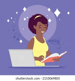 woman studing with laptop character