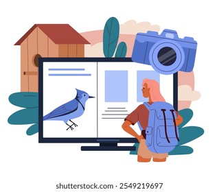 Estudio de las mujeres de las aves. Muchacha joven con la mochila y la cámara cerca del libro sobre los pájaros. Joven naturalista y ornitólogo. Amor por la naturaleza. Ilustración vectorial plana aislada sobre fondo blanco