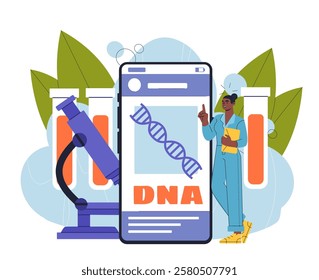 Woman study DNA. Young girl in medical uniform near microscope. Molecule structure researching. Scientific tests and experiments in laboratory. Flat vector illustration