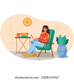 Woman study on laptop from home vector scene