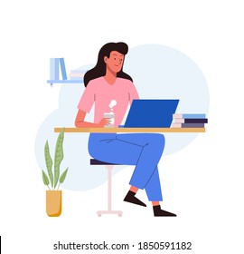 Woman study online at computer. Online education concept. E-learning by webinar training. Student character at home
