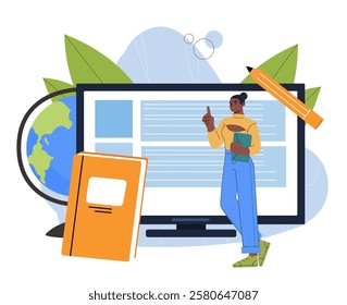 Woman study online. Young girl near computer, textbook and globe. Student with online lecture and lesson. Education, learning and training. Test and exam. Flat vector illustration