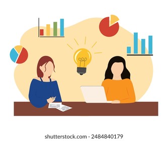 Woman study statistics and come up with new ideas. Company employees discussing business strategy