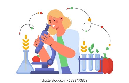 Woman study of vegetables concept. Young girl with microscope evaluates natural and organic products. Character looks at tomato, through magnifying glass. Cartoon flat vector illustration