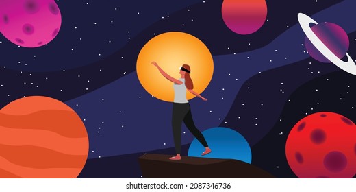 A woman is studying about the universe in metaverse, Travel the virtual space in the metaverse from home. future travel with metaverse. Illustration vector.