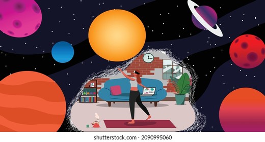 A woman is studying about the universe in metaverse, Travel the virtual space in the metaverse from home.vector.