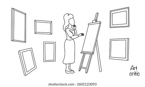 Woman studying and analyzing works of art, their history, styles, techniques and cultural context. Drawn art critic in an art gallery. Black and white vector illustration.