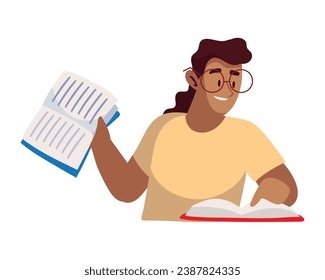 woman studying with books illustration