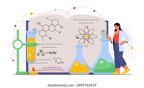 Woman studying chemistry. Young girl with test tubes with reagents near book. Scientific laboratory researching. Scientist in lab. Flat vector illustration isolated on white background