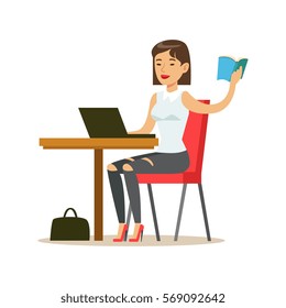 Woman Studying Copying From The Book To Lap Top, Smiling Person In The Library Vector Illustration