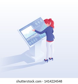 Woman studying data vector isometric illustration. Financial analyst analysing stock market statistics cartoon character. Businesswoman working with interactive screen. Investment strategy development