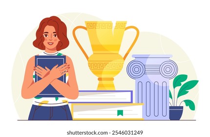 Woman studying history. Young girl near stack of books, marble column and golden cup. Education and training, learning. Teacher prepare to lesson. Flat vector illustration isolated on white background