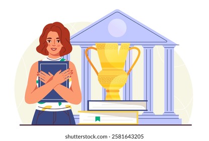 Woman studying history. Young girl with book in her hands near antique columns, antique dishes and stack of textbooks. Education and learning, training. Flat vector illustration