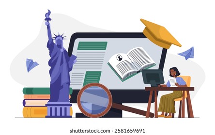 Woman studying history. Young girl with magnifying glass near stack of books and Statue of Liberty. Education and training on Internet. Online historian. Flat vector illustration