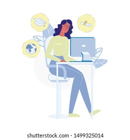 Woman Studying at Home Flat Vector Illustration. Online University Student Cartoon Character. Happy Girl Using Computer for Learning. Remote Education, Internet School Graduation. Knowledge Gaining