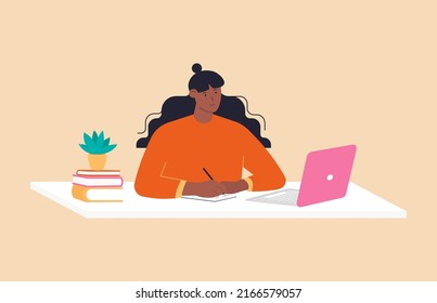Woman studying at home with laptop and books. Online education, e-learning concept. Female student sitting at desk and take notes. Flat vector Illustration.
