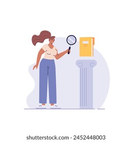 Woman studying information, facts. Concept of case study, searching business information, analyze of product features. Vector illustration in flat design for web banner