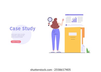 Woman studying information, facts. Concept of case study, searching business information, analyze of product features. Vector illustration in flat design for web banner