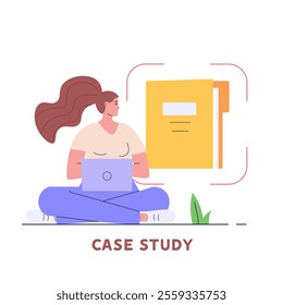 Woman studying information, facts. Concept of case study, searching business information, analyze of product features. Vector illustration in flat design for web banner