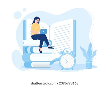 woman studying with laptop. Online education and learning trending concept flat illustration trending concept flat illustration