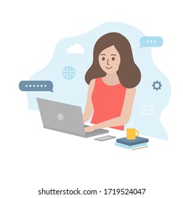 Woman studying with laptop, working from home at home office, connecting online network during Coronavirus outbreak. Remote working, communication and business concept. Flat style vector illustration.