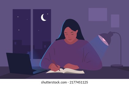 Woman studying in the late evening. Night study girl. Flat style. Vector