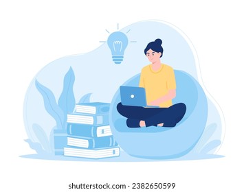 Mujer estudiando libro de aprendizaje usando el concepto de tendencia de laptop ilustración plana