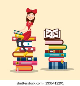 Woman Studying in Library. Young Girl in Red Sitting on Books Pile. Vector Literature Knowledge Concept.