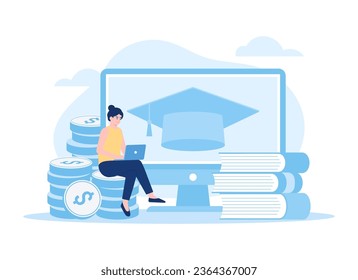 A woman studying on internet, taking online course
 trending concept flat illustration