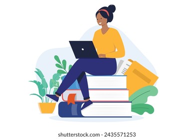 Woman studying on laptop - Female person sitting with computer in lap on top of stack of books. Student and education concept in flat design vector illustration with white background